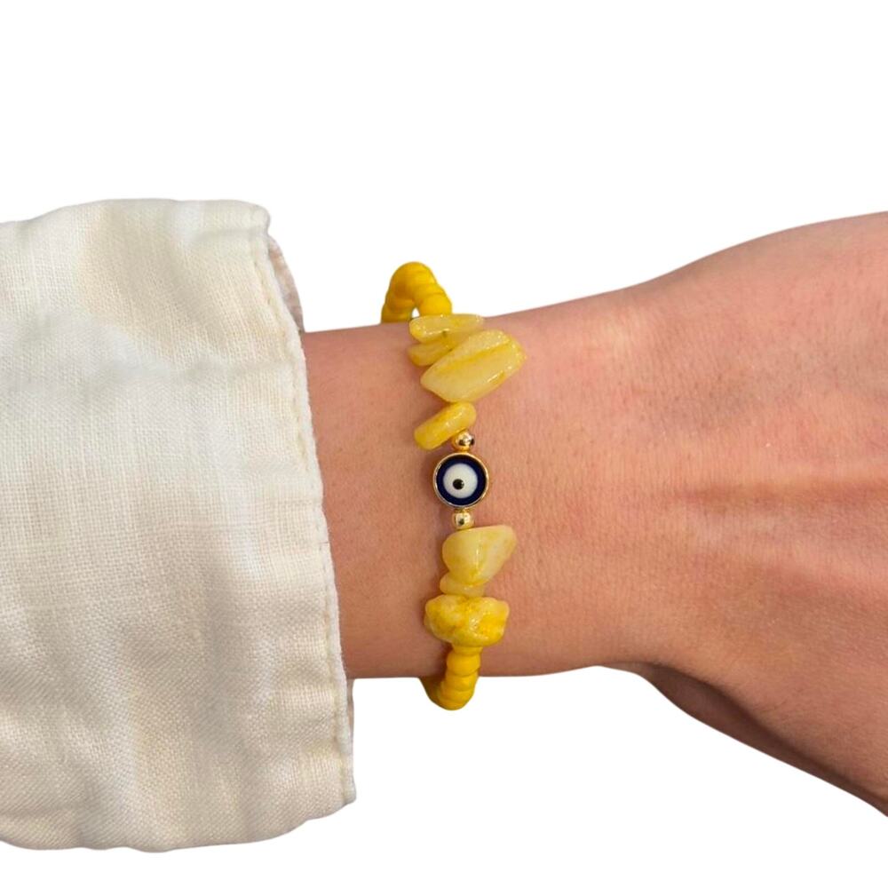 Yellow Evil Eye Beaded Bracelet Gold Tone Adjustable Handmade - Picture 2 of 4